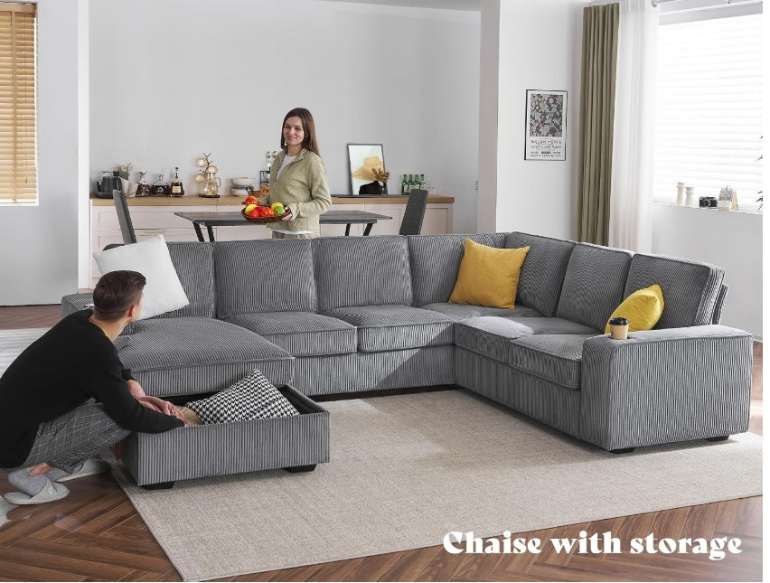 Modern Corduroy Sectional Sofa w Storage Chaise, USB Charging & Cup Holders (NOT BONELESS)