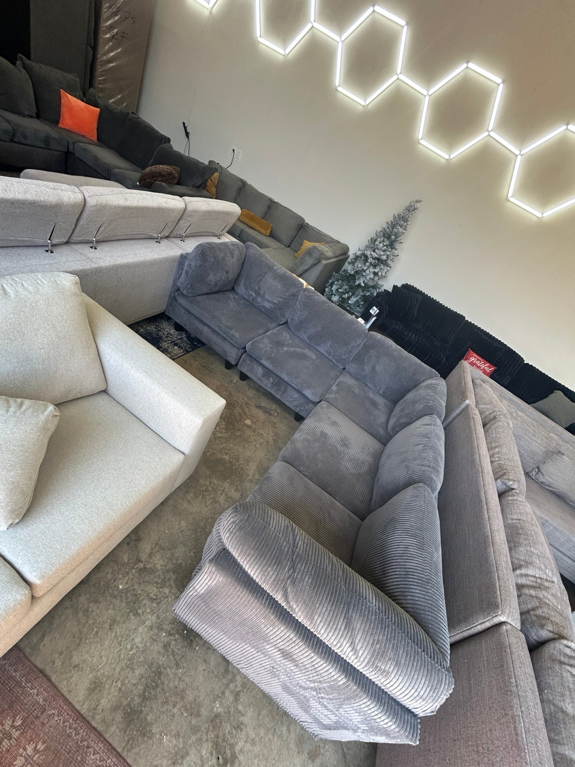 Grey corduroy sectional side view