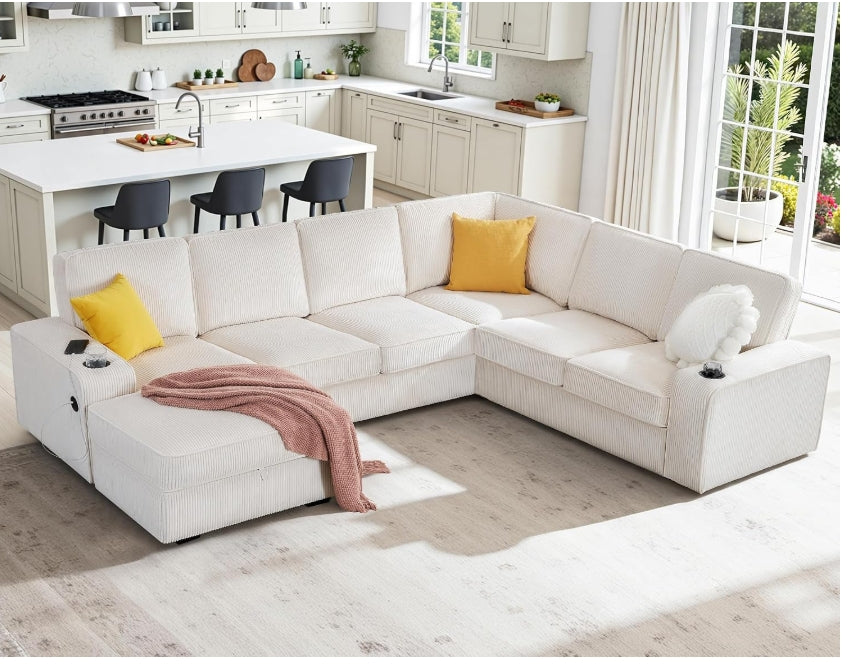 Modern Corduroy Sectional Sofa w Storage Chaise, USB Charging & Cup Holders (NOT BONELESS)