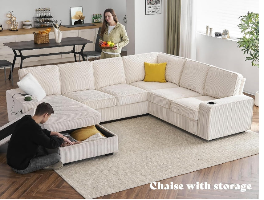 Modern Corduroy Sectional Sofa w Storage Chaise, USB Charging & Cup Holders (NOT BONELESS)