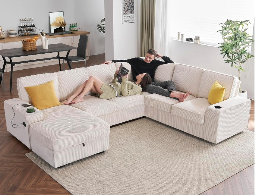 Modern Corduroy Sectional Sofa w Storage Chaise, USB Charging & Cup Holders (NOT BONELESS)