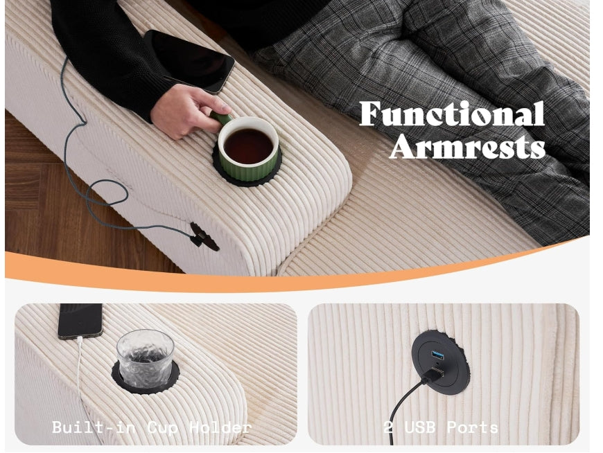 Modern Corduroy Sectional Sofa w Storage Chaise, USB Charging & Cup Holders (NOT BONELESS)