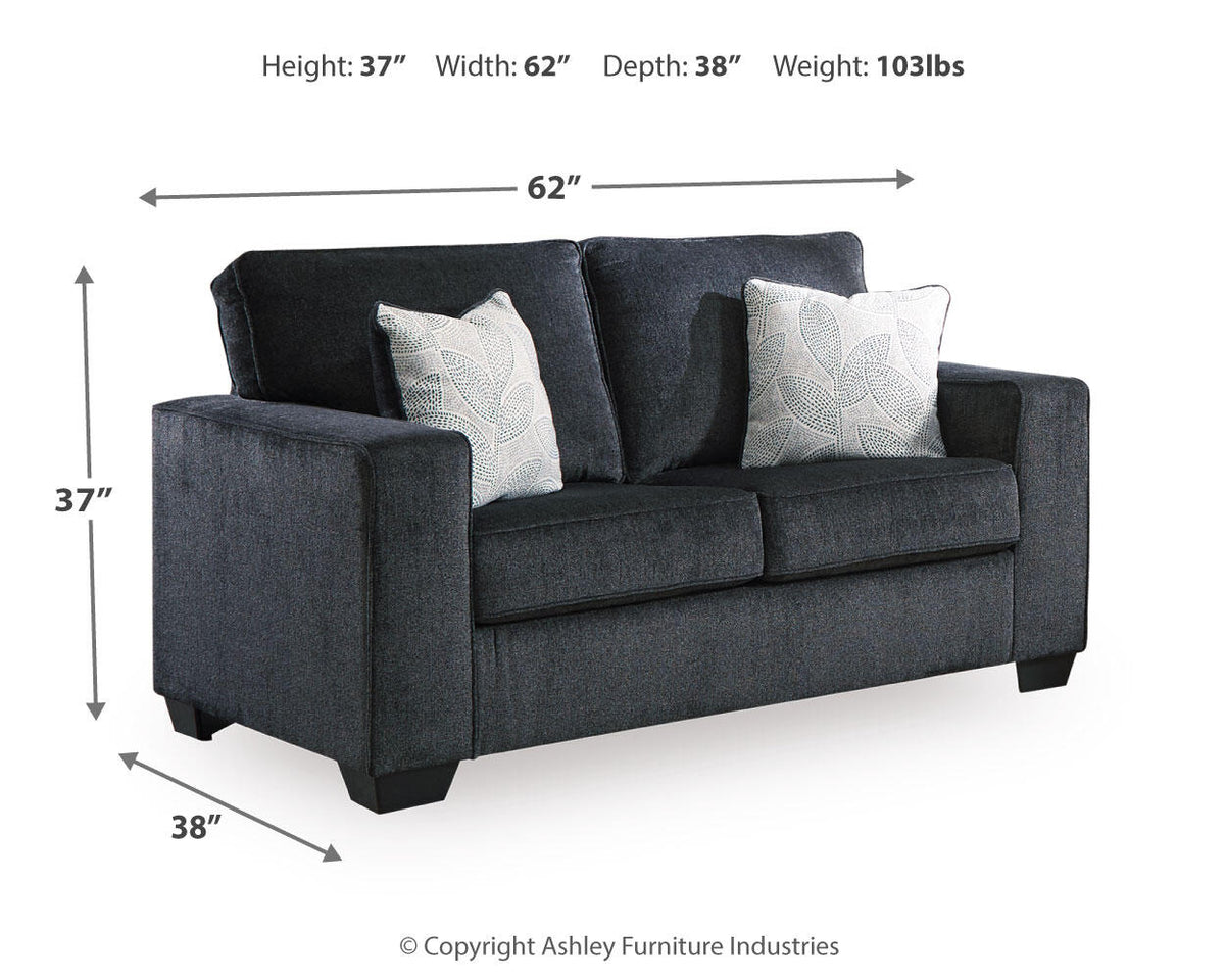 ALTARI loveseat dimensions: 62 inches wide, 38 inches deep, 37 inches high