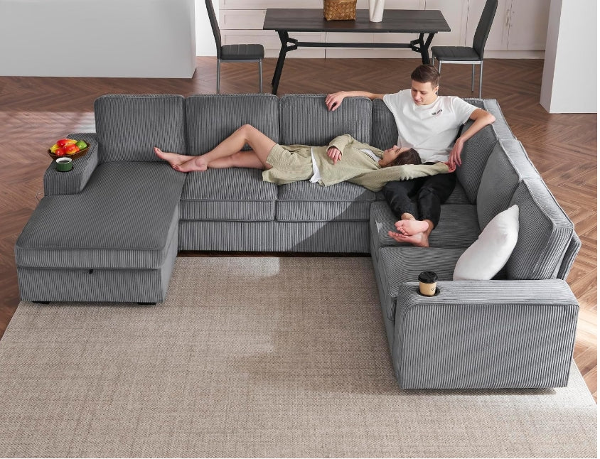 Modern Corduroy Sectional Sofa w Storage Chaise, USB Charging & Cup Holders (NOT BONELESS)