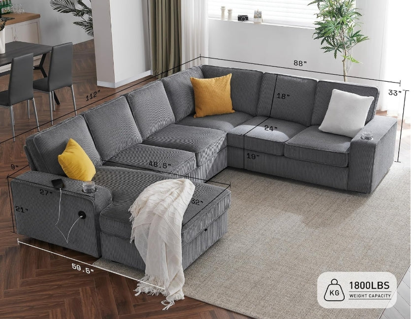 Modern Corduroy Sectional Sofa w Storage Chaise, USB Charging & Cup Holders (NOT BONELESS)
