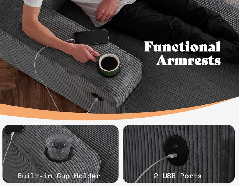Modern Corduroy Sectional Sofa w Storage Chaise, USB Charging & Cup Holders (NOT BONELESS)