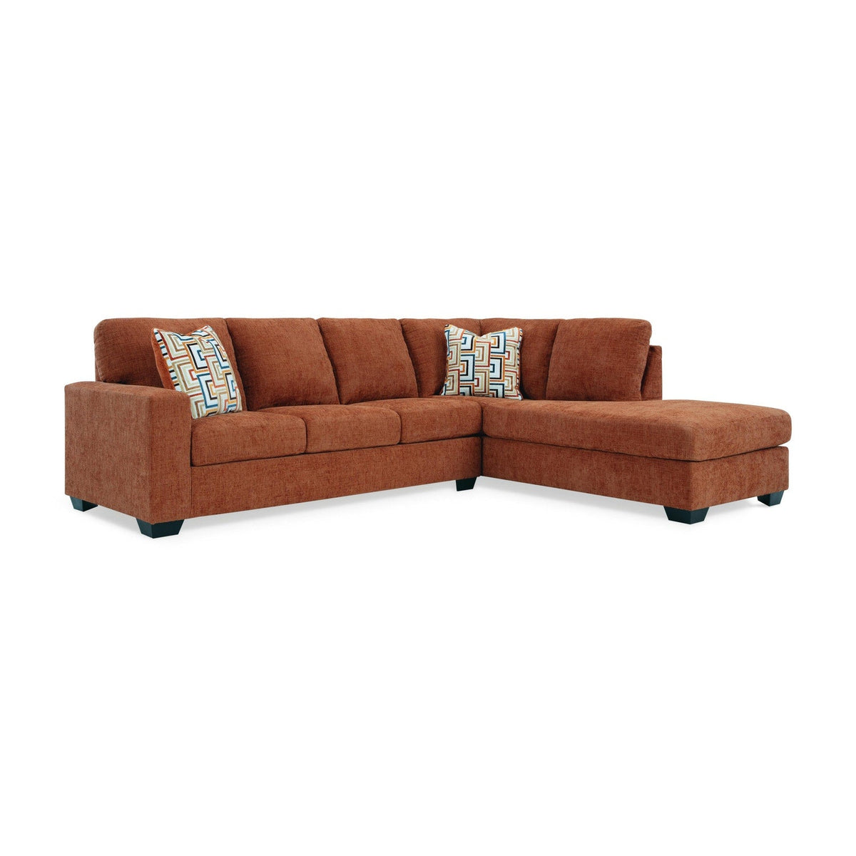 Ashley Aviemore orange right-side chaise, viewed facing the couch