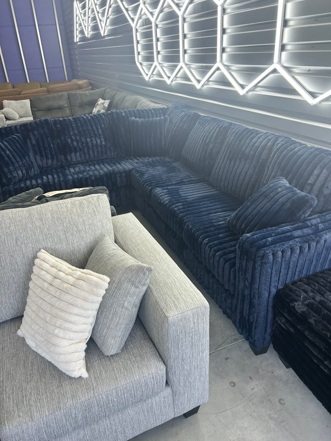 Blue plush corduroy sectional