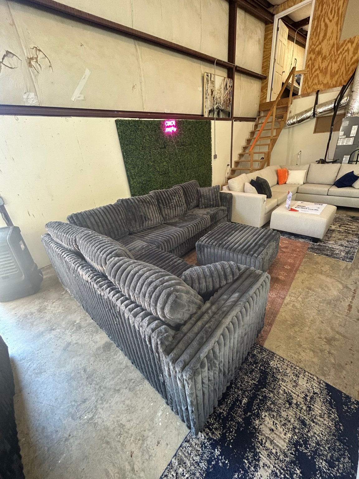 Grey corduroy sectional with matching ottoman
